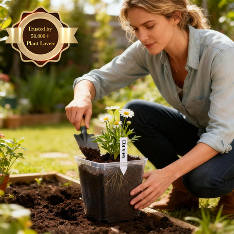 RooTrimmer square pot design saves space on shelves and windowsills.