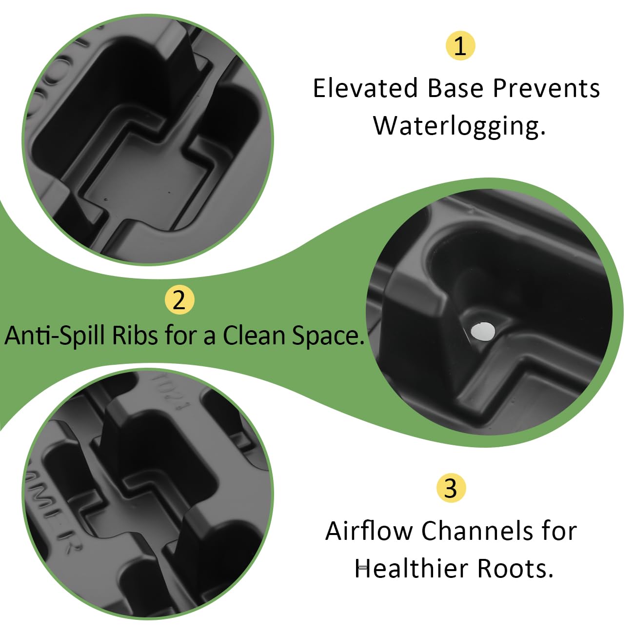 RooTrimmer elevated bases with dual drainage prevent overwatering and root rot