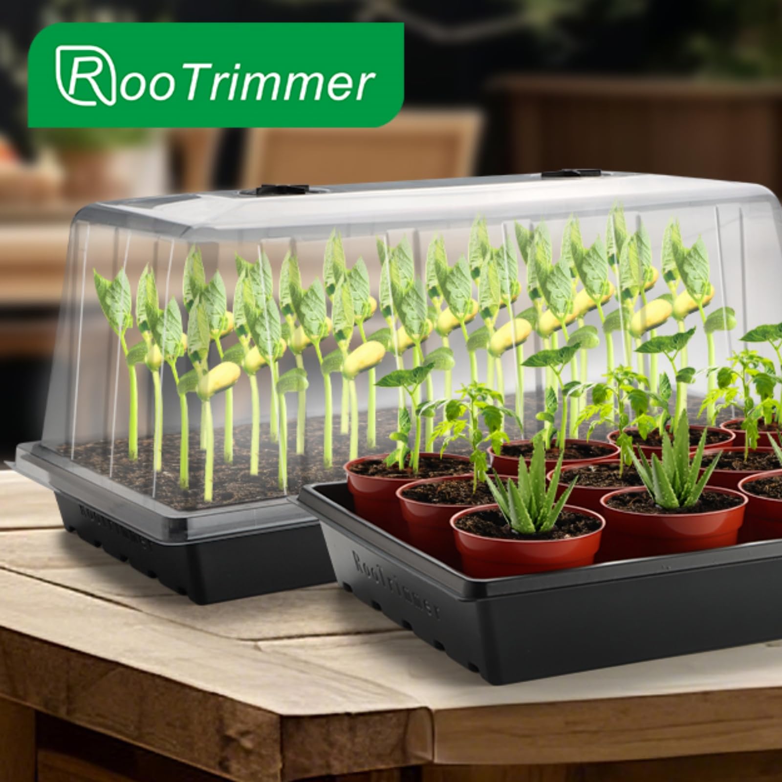 Five-pack RooTrimmer trays arranged for balcony garden use.