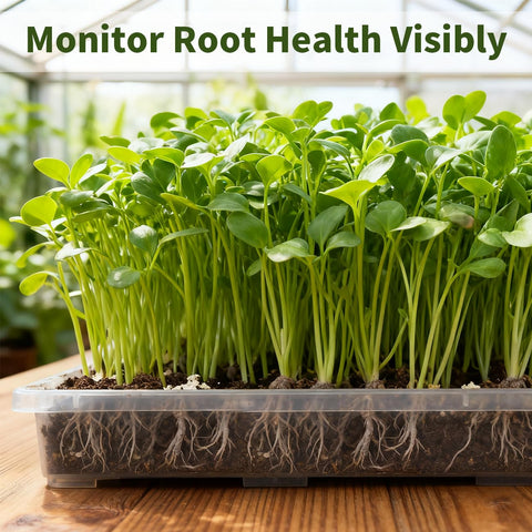 RooTrimmer flat pot trays 17x11x2 close-up shows space-saving design.