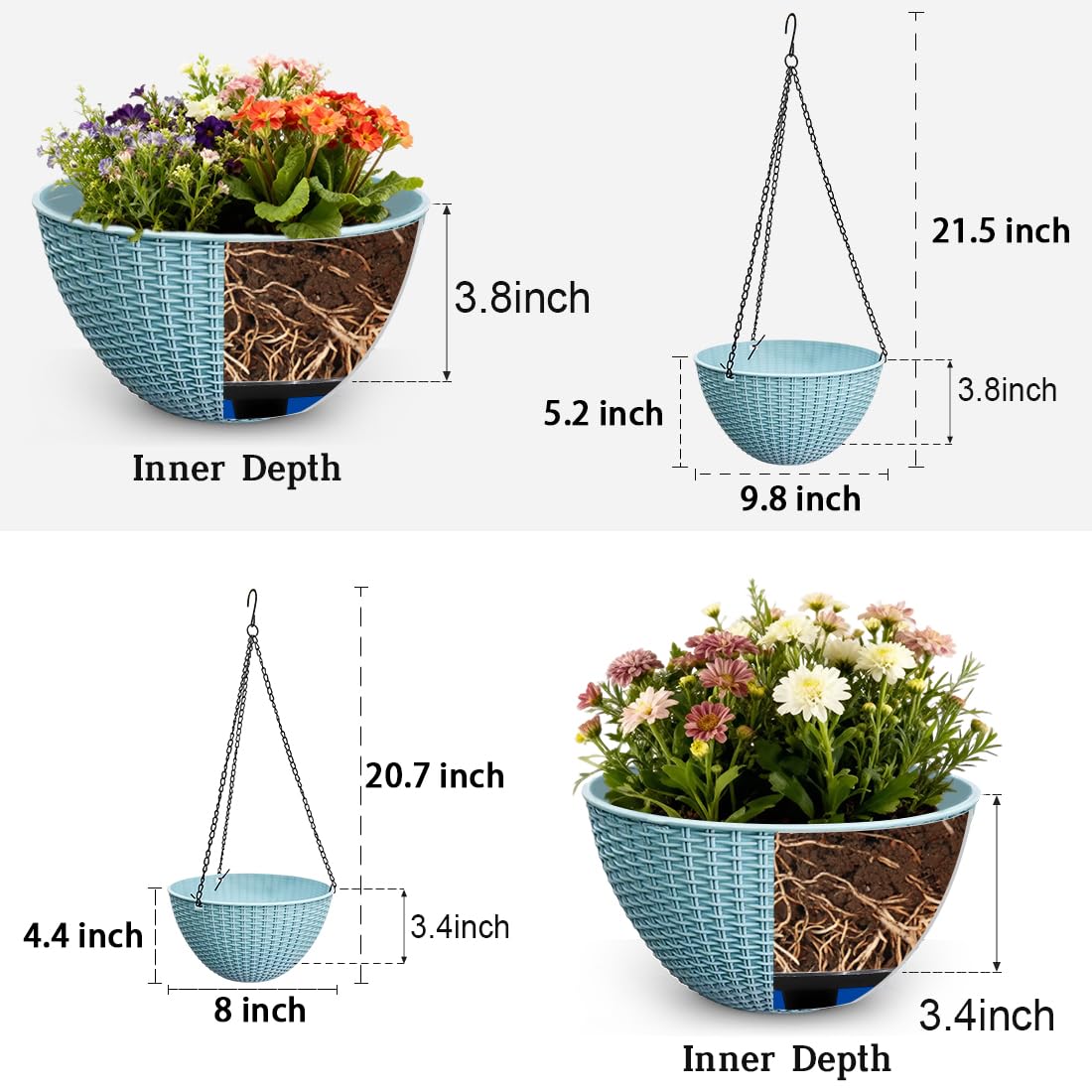 RooTrimmer 10-inch sky-blue hanging planter with weave design for versatile indoor-outdoor decor.