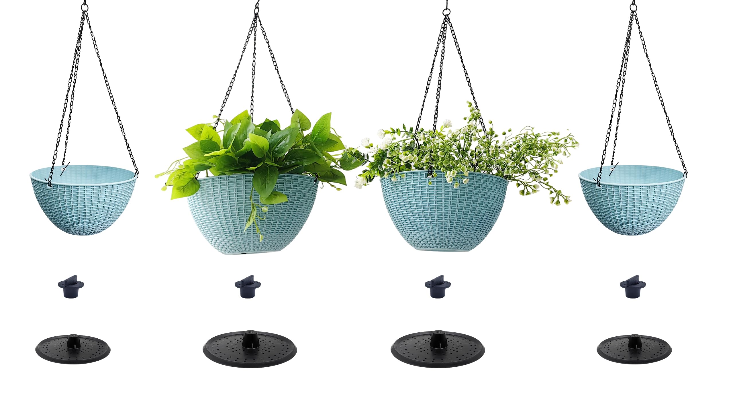 RooTrimmer porch decor idea with sky blue planters suits garden and office.