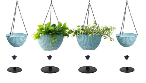 RooTrimmer porch decor idea with sky blue planters suits garden and office.