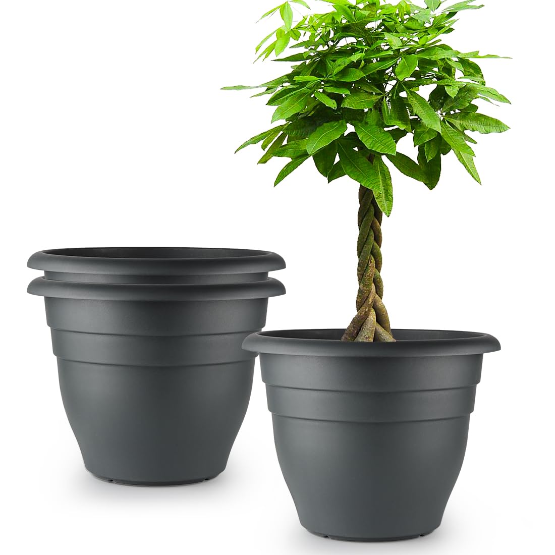 RooTrimmer 16-inch gray pot front view for outdoor plant displays.