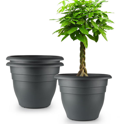 RooTrimmer 16-inch gray pot front view for outdoor plant displays.