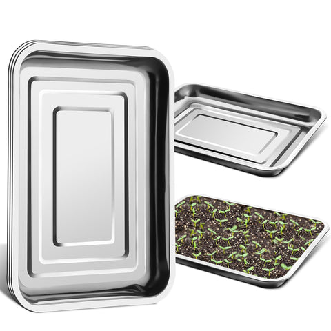 RooTrimmer front view of the large stainless steel seed tray, sturdy for seedling pots.