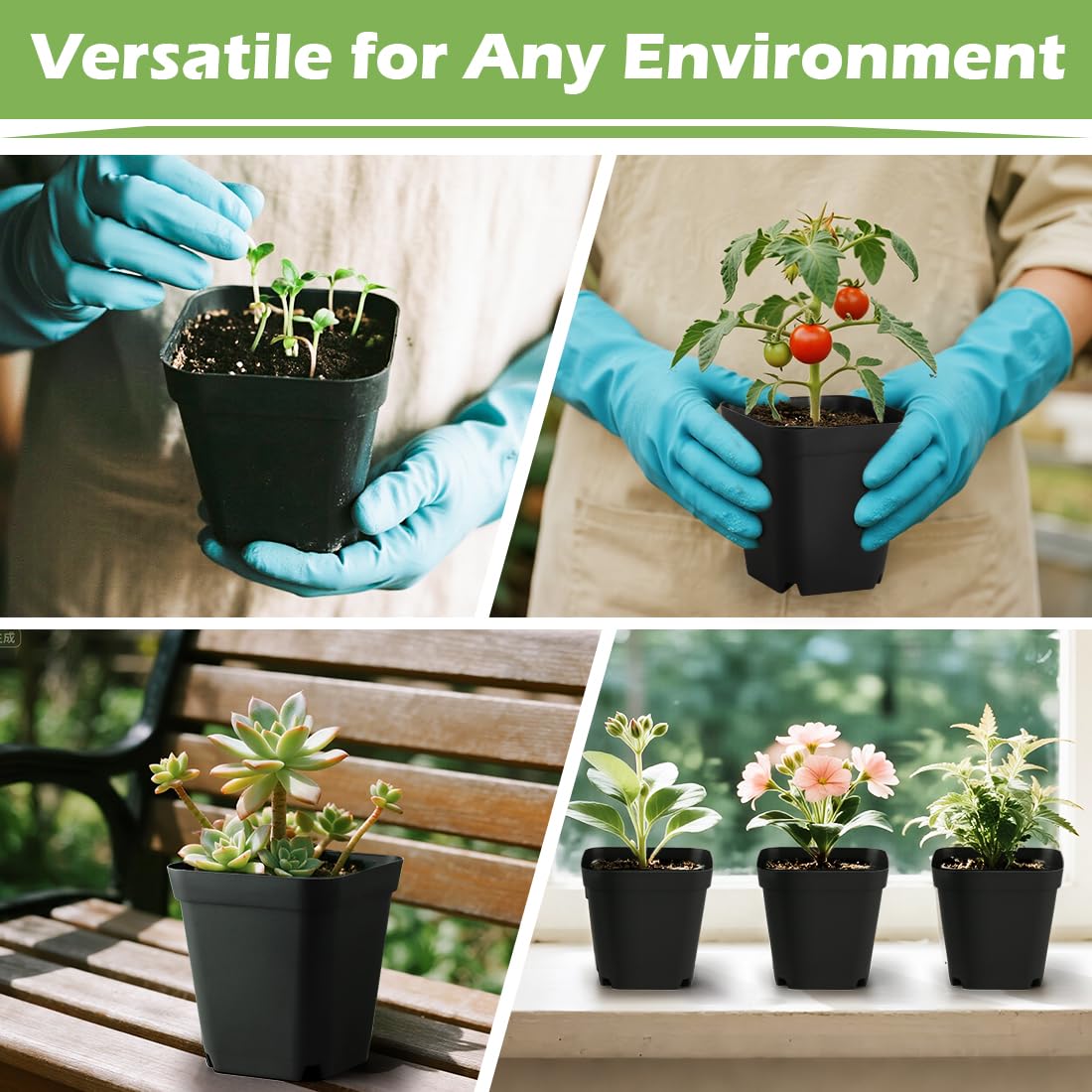 RooTrimmer matte black square pots; blends into indoor/outdoor setups for discreet gardening.