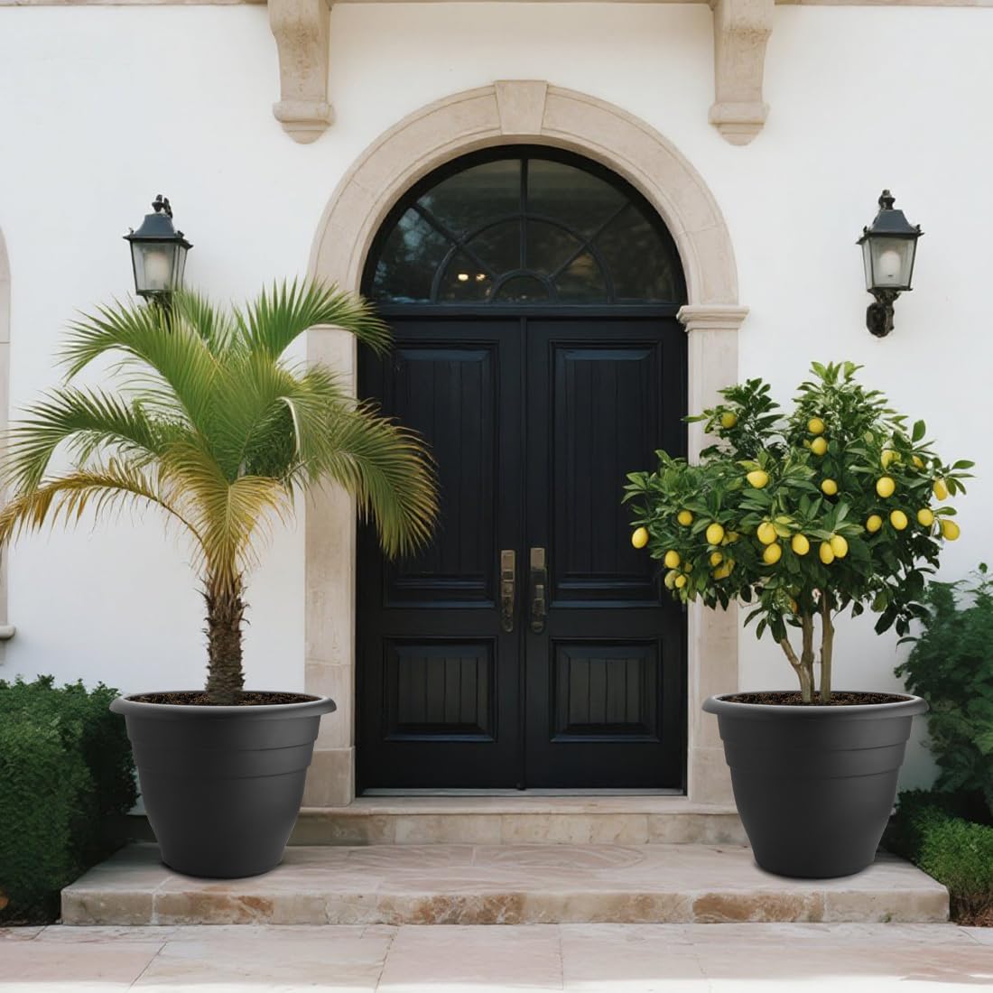 RooTrimmer planters for trees and shrubs, showcases natural greenery along walkways.
