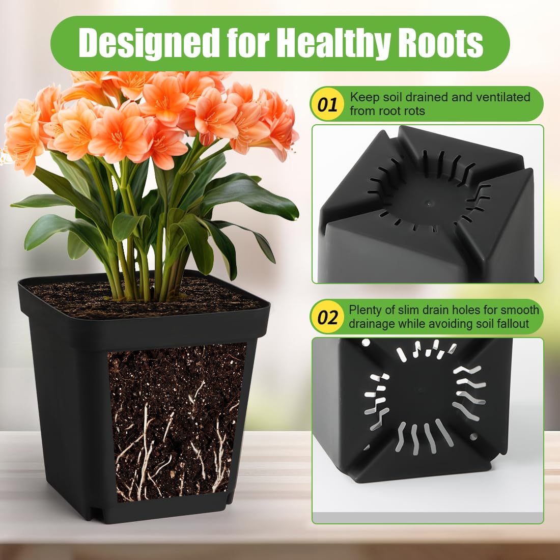 RooTrimmer square pot showing drainage holes to prevent overwatering