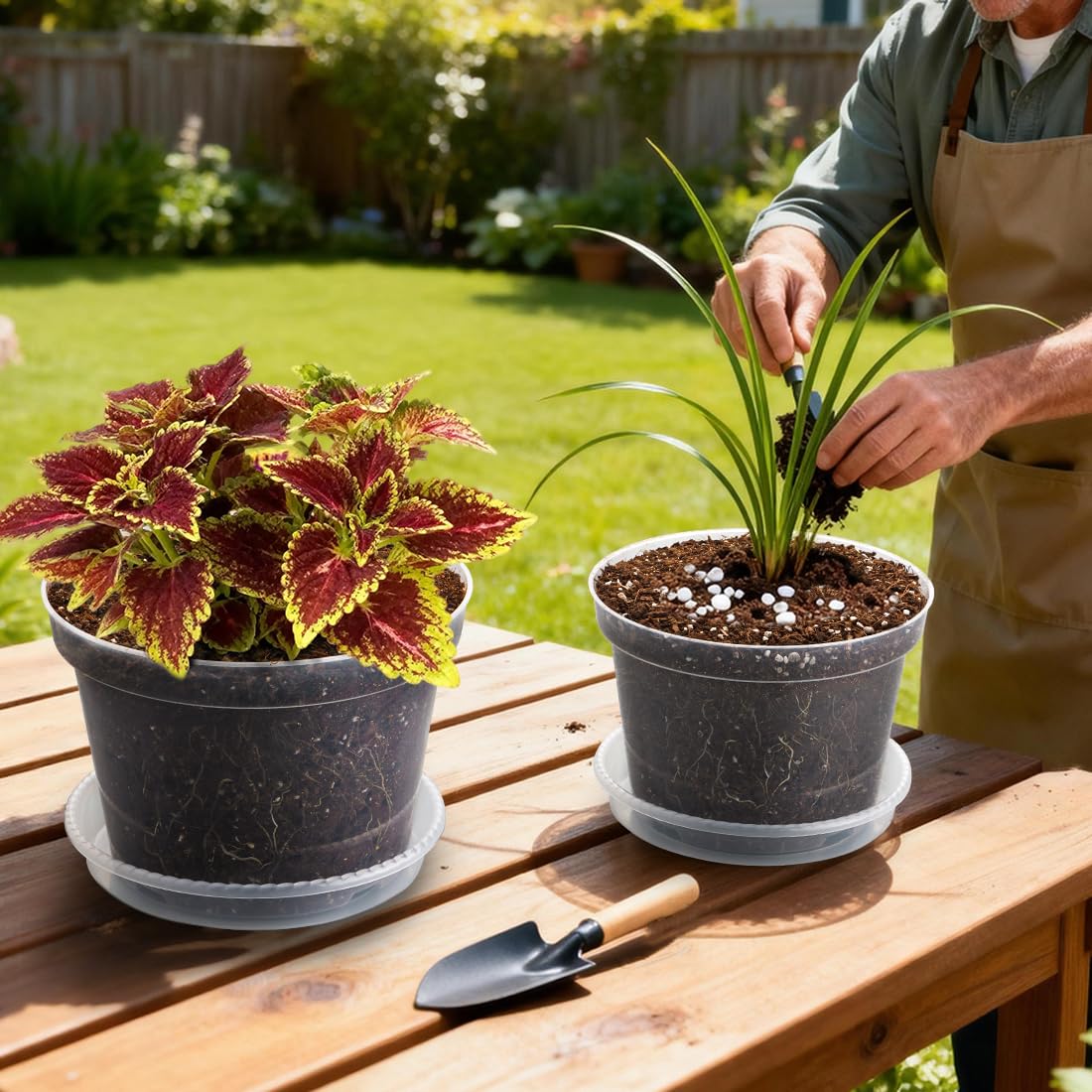 RooTrimmer saucers included to catch drainage and protect surfaces.