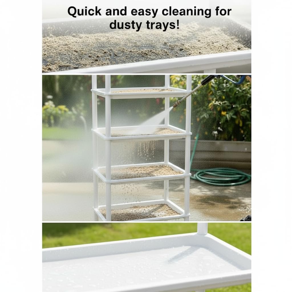 RooTrimmer seedling trays and small pots organized across five tiers