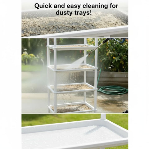 RooTrimmer seedling trays and small pots organized across five tiers