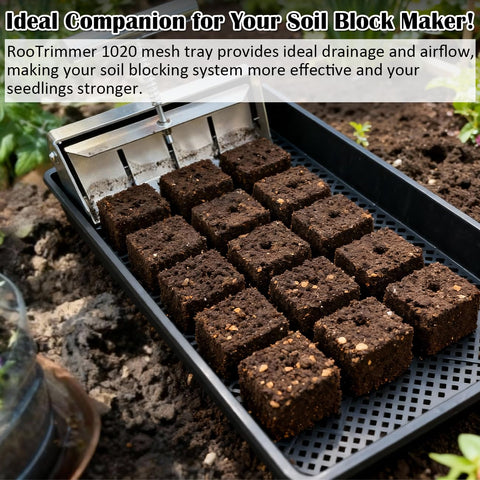 RooTrimmer tray designed for soil blocks enhances drainage and air flow.