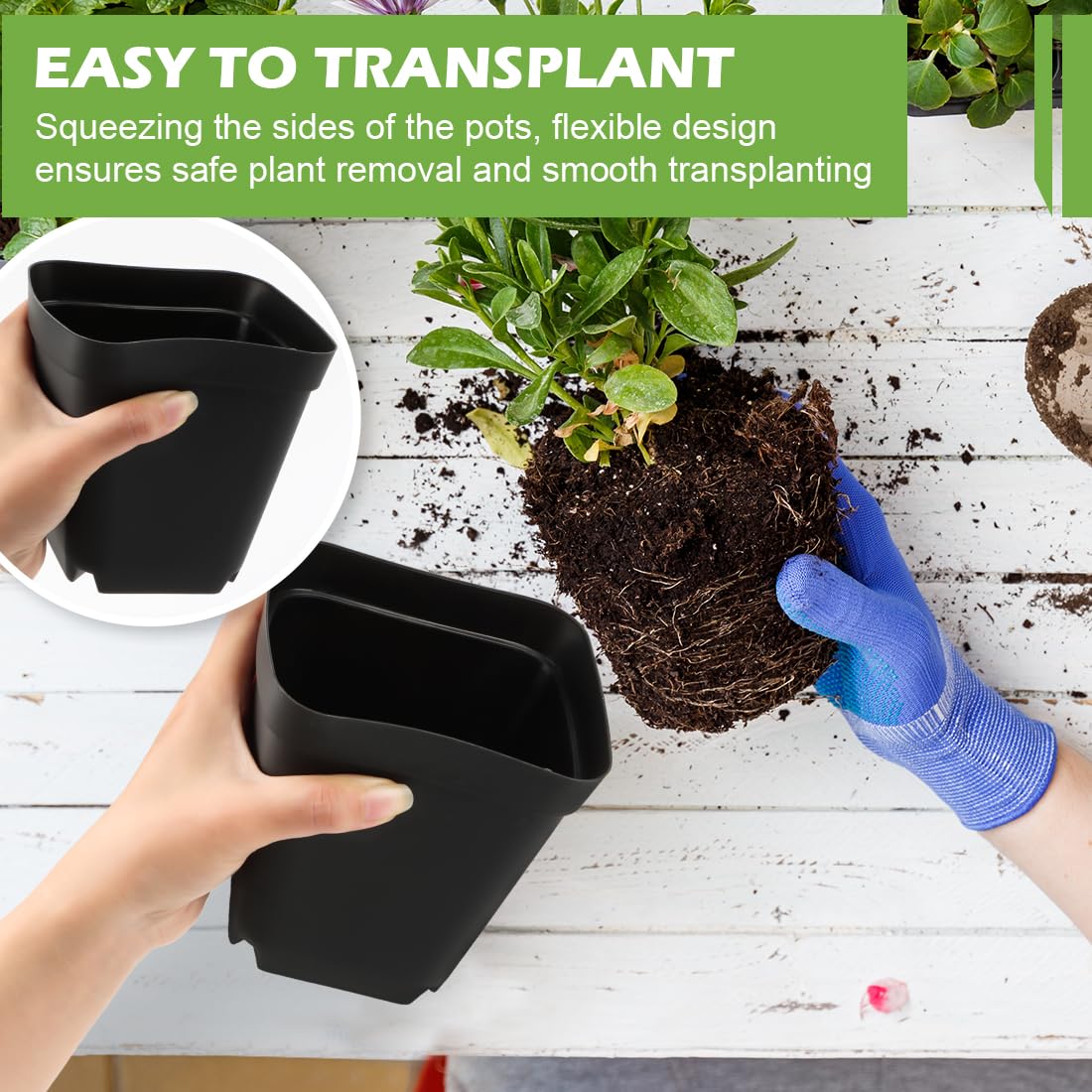 RooTrimmer square 4in pot side view; durable, reusable for indoor and outdoor growing.
