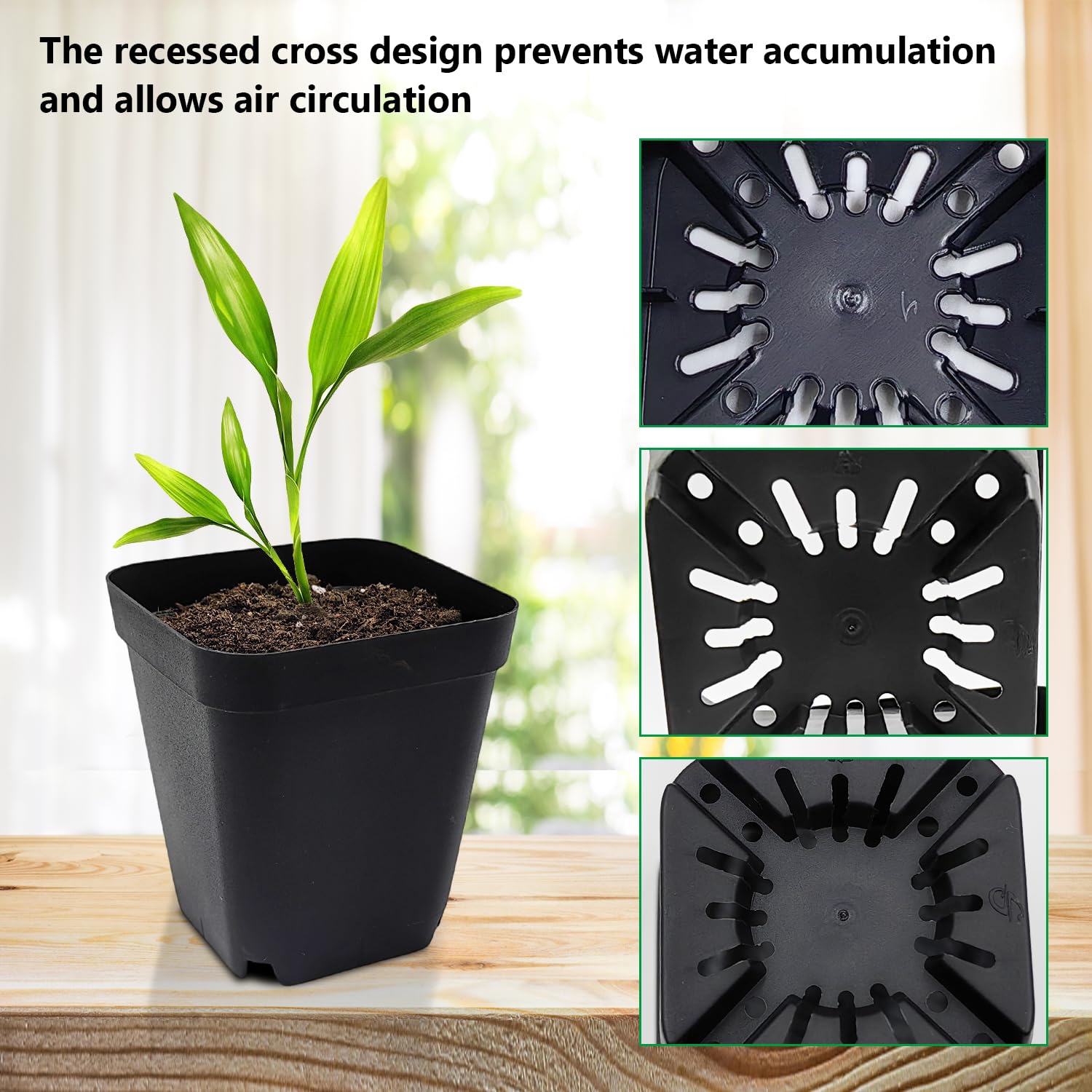 RooTrimmer square nursery pot provides sturdy support for indoor and outdoor seedlings.