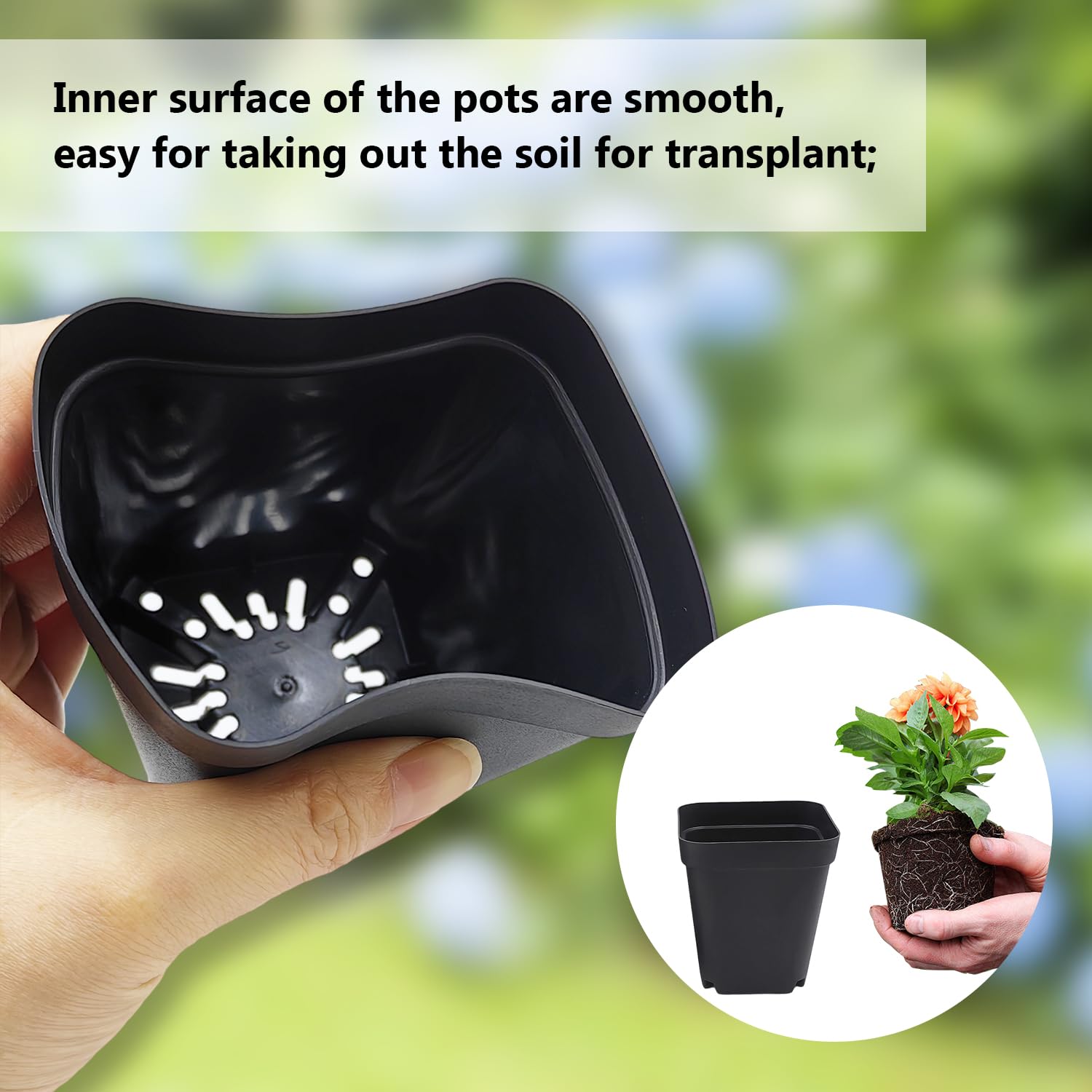 RooTrimmer square pot with matte black finish for reuse.