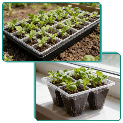 RooTrimmer 4-cell trays fit standard flats for scalable seed starting setups.