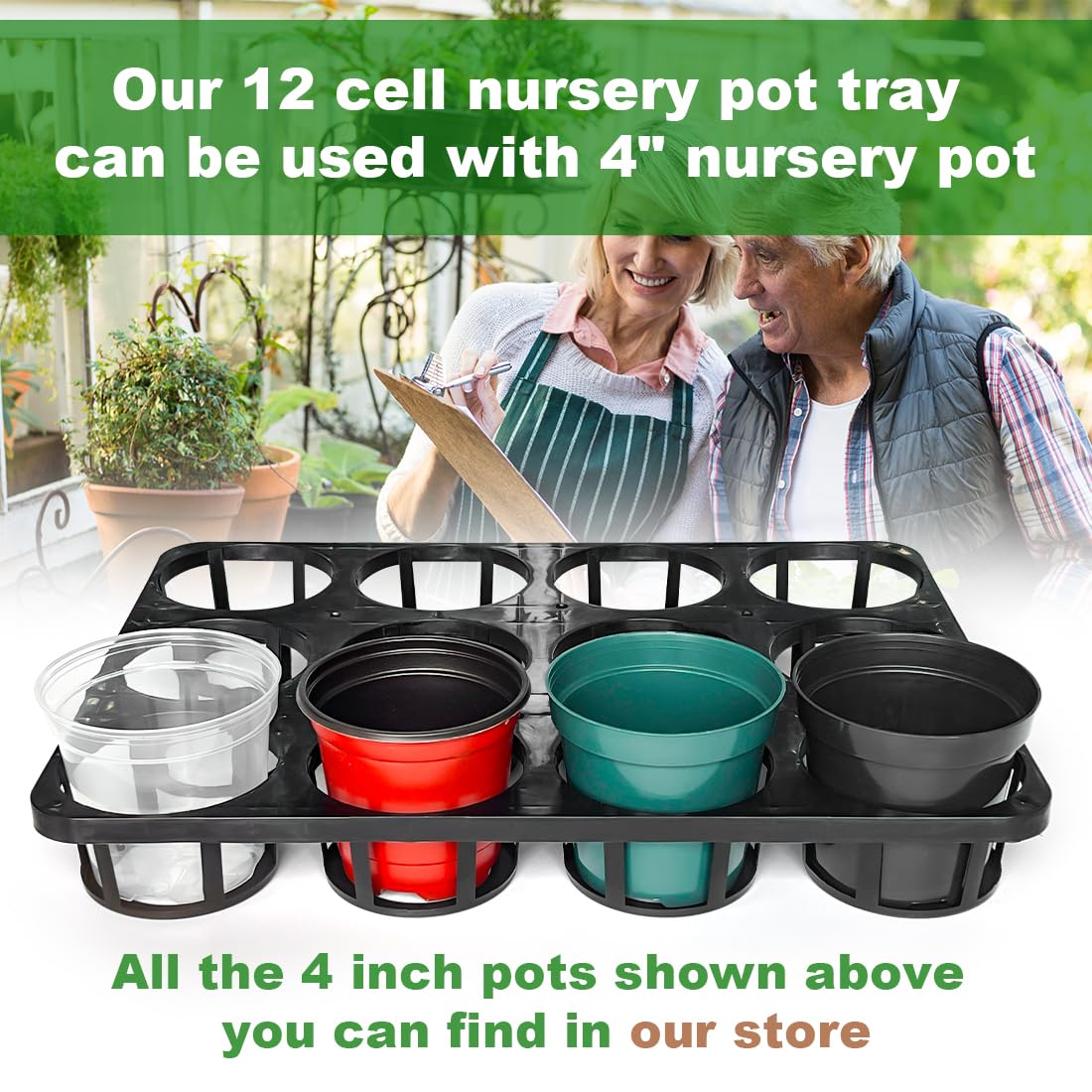 RooTrimmer transport tray holding 4 inch pots on a bench
