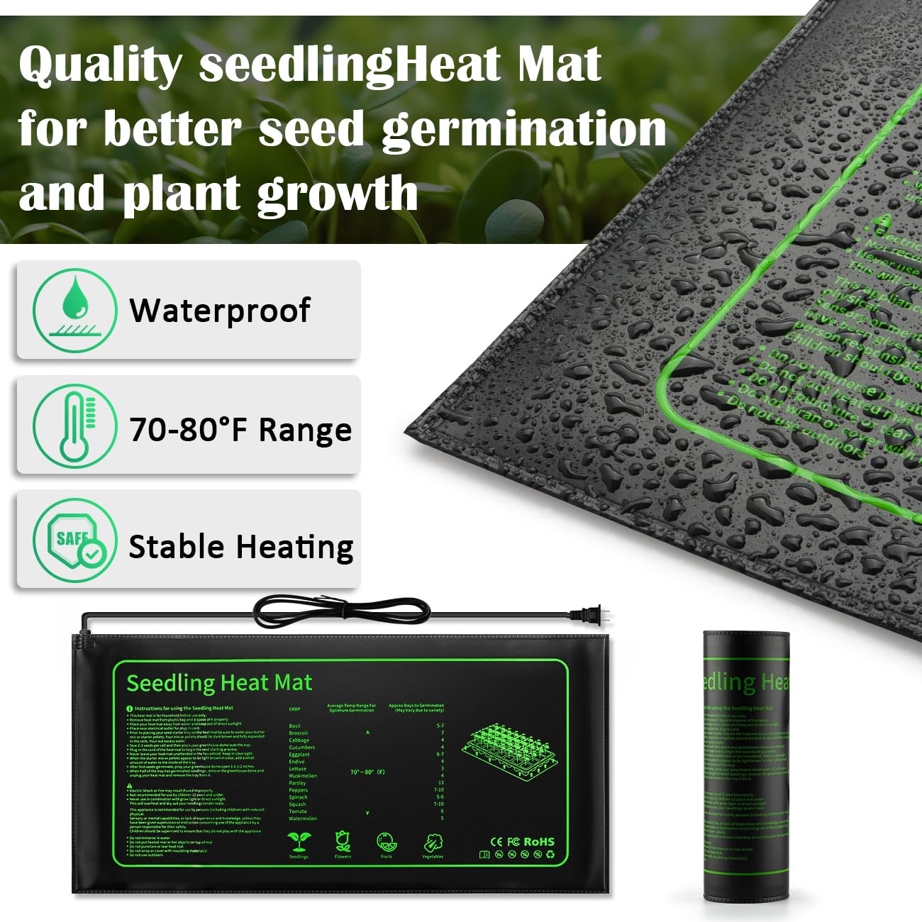 RooTrimmer waterproof heat mats maintain steady warmth for seedlings.