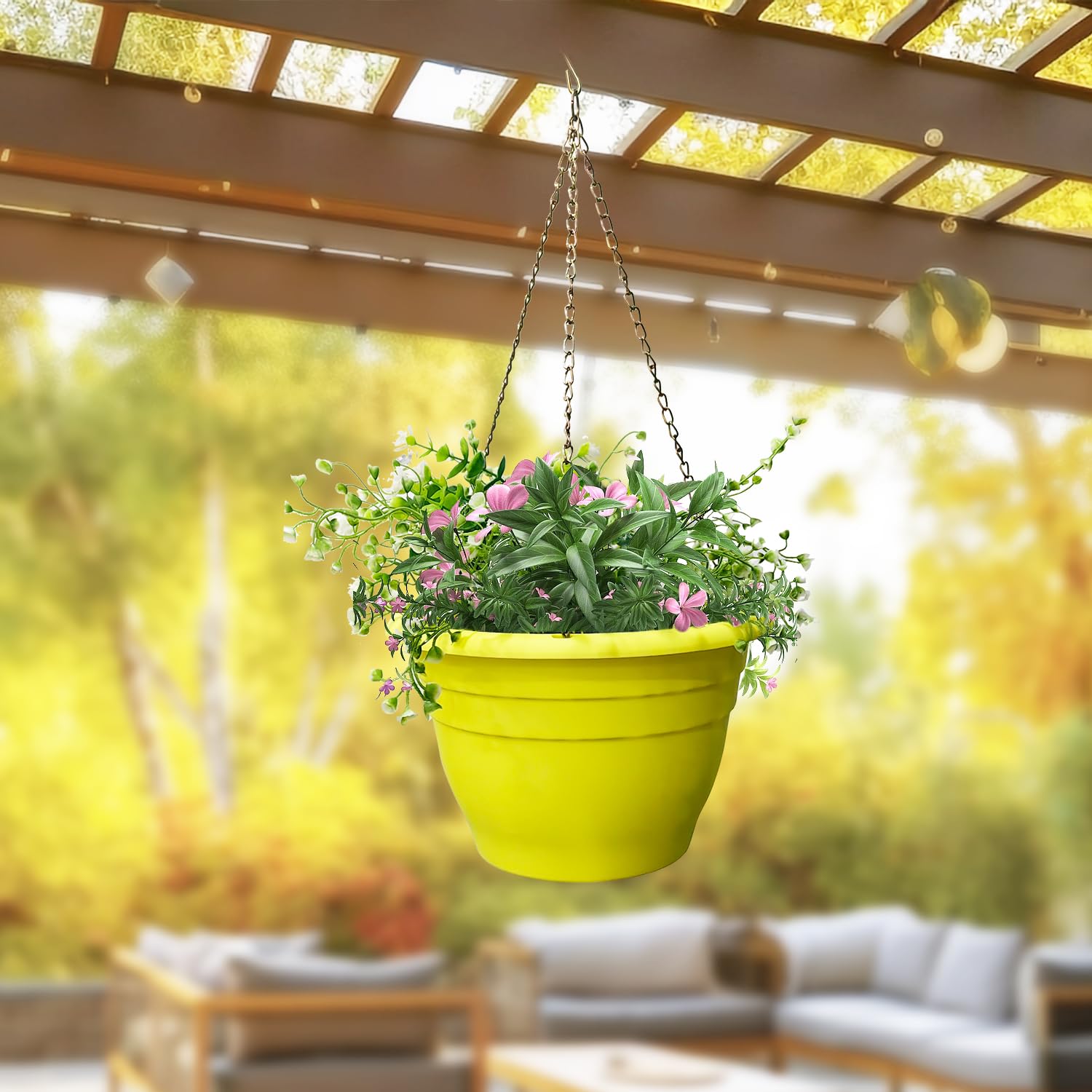 RooTrimmer yellow planter on patio, modern style and lightweight design.
