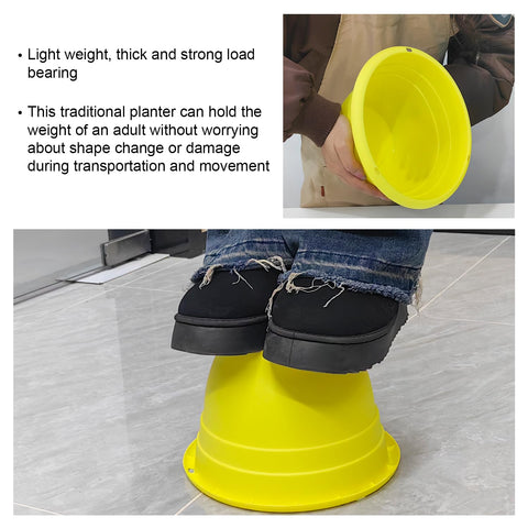 RooTrimmer yellow planter with removable plug on a shelf.
