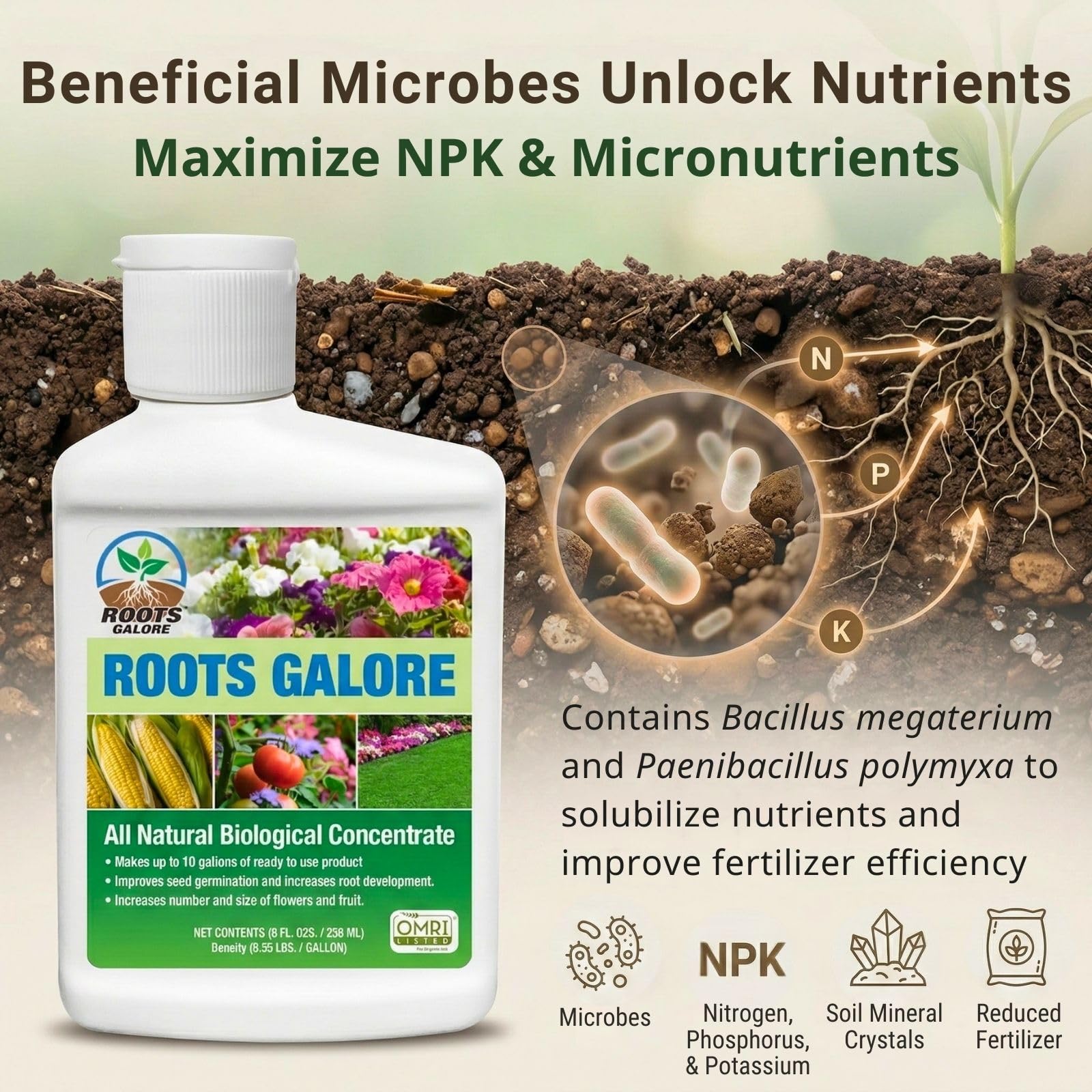Roots Galore RG800147 helps plants tolerate drought and heat stresses.