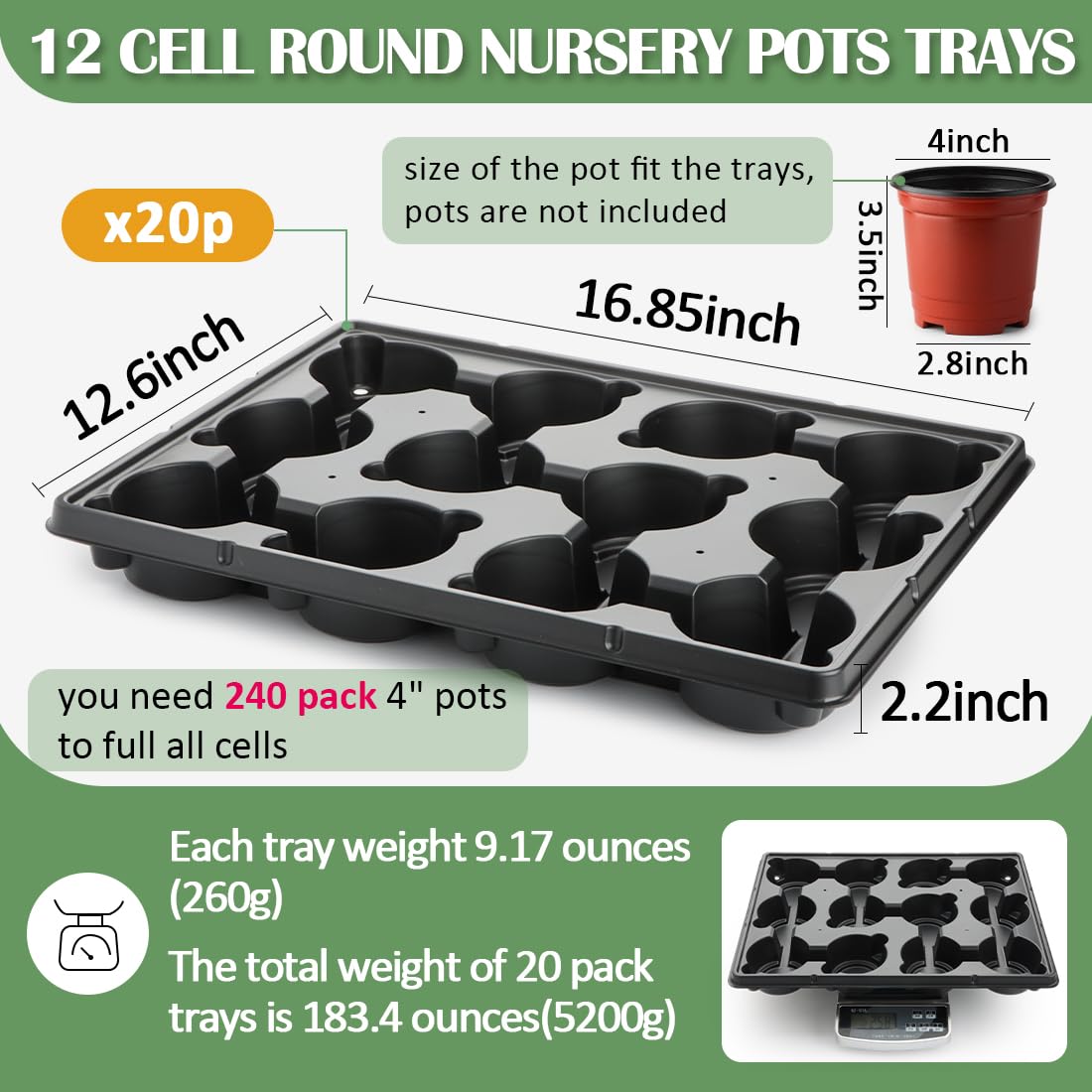 RooTrimmer tray showing 16.85 by 12.6 inch footprint for reference.