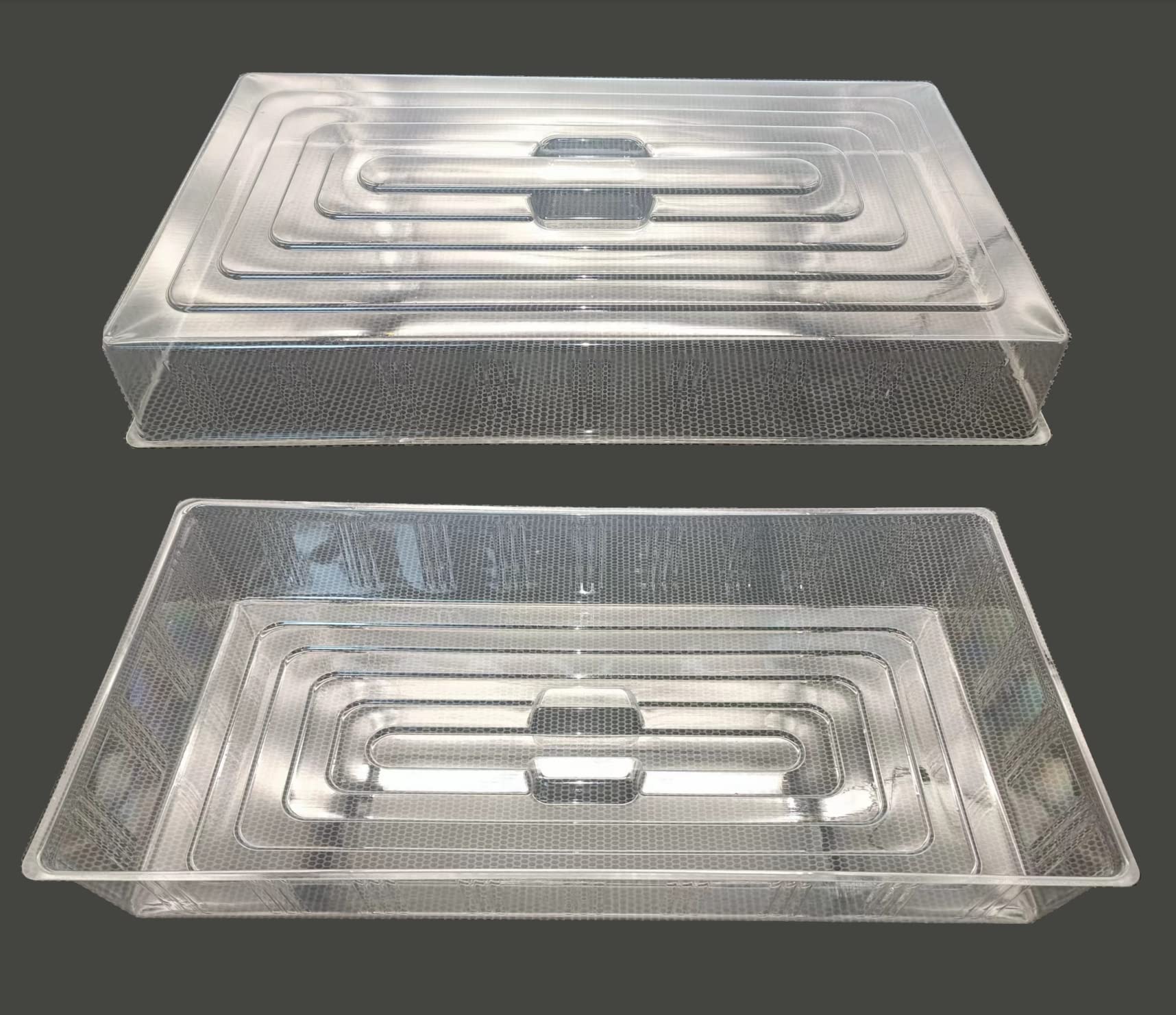 RooTrimmer clear dome cover shown on a seed starter tray for transparent moisture control.