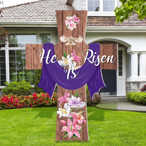 Roowest He Is Risen yard sign with stakes for easy outdoor Easter display