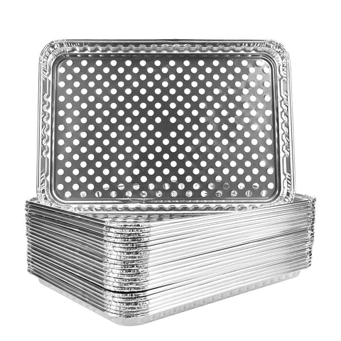 Roponan grill topper pan on a hot grill catches food pieces and preserves flavor.