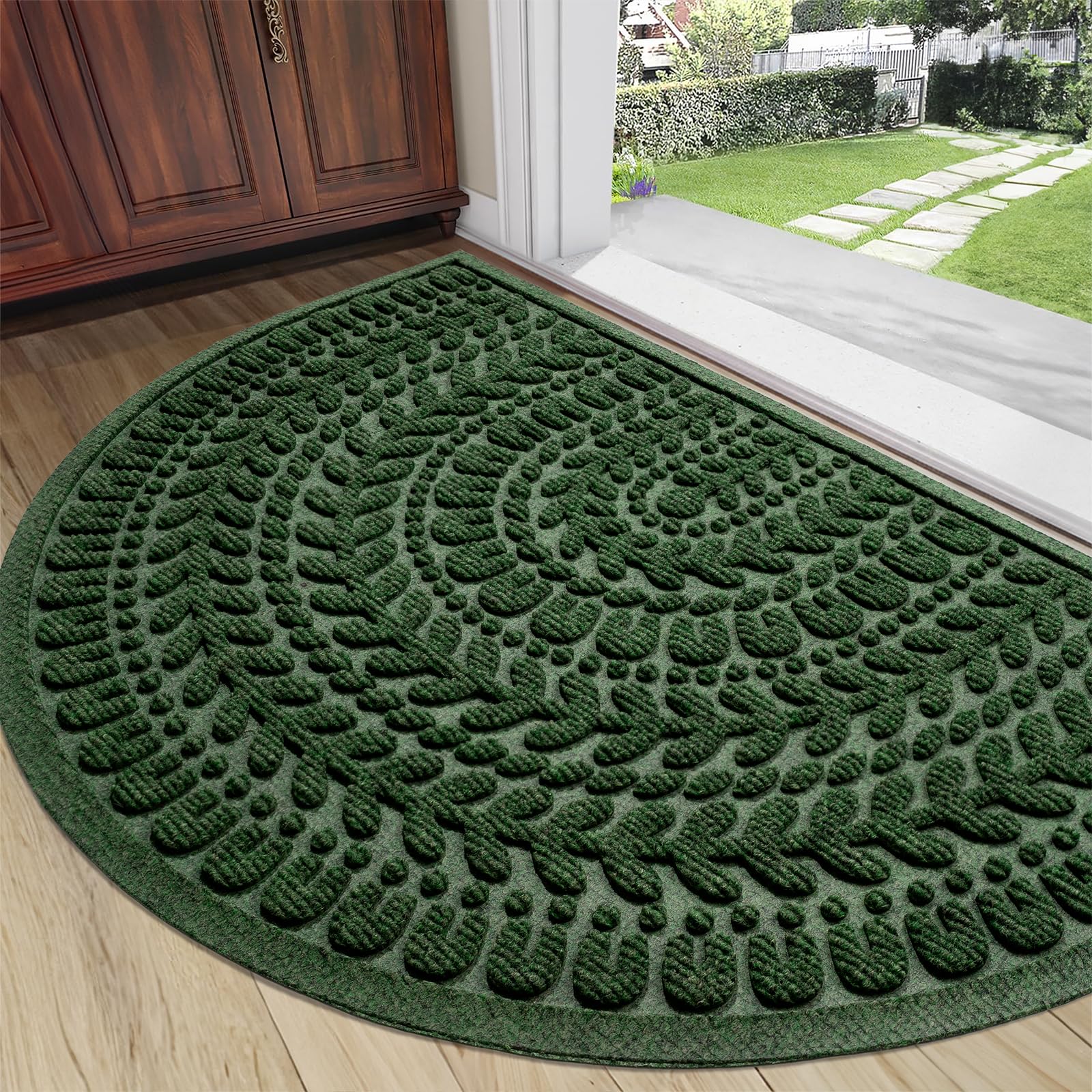 RORA half-circle door mat on a porch protects flooring while welcoming guests.