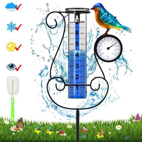 Rose Manor rain gauge with hummingbird thermometer shows rainfall and temperature