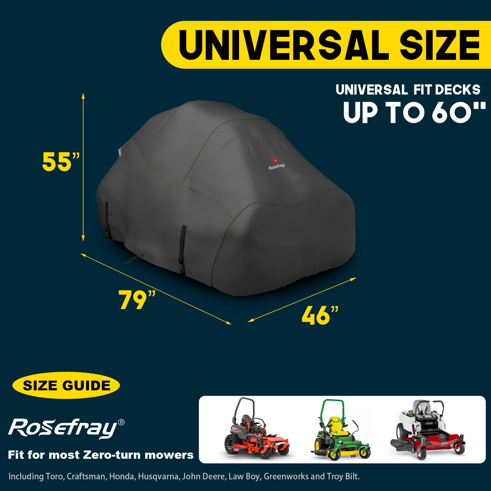 Dimensions 79 x 46 x 55 inches for large zero-turn mowers.