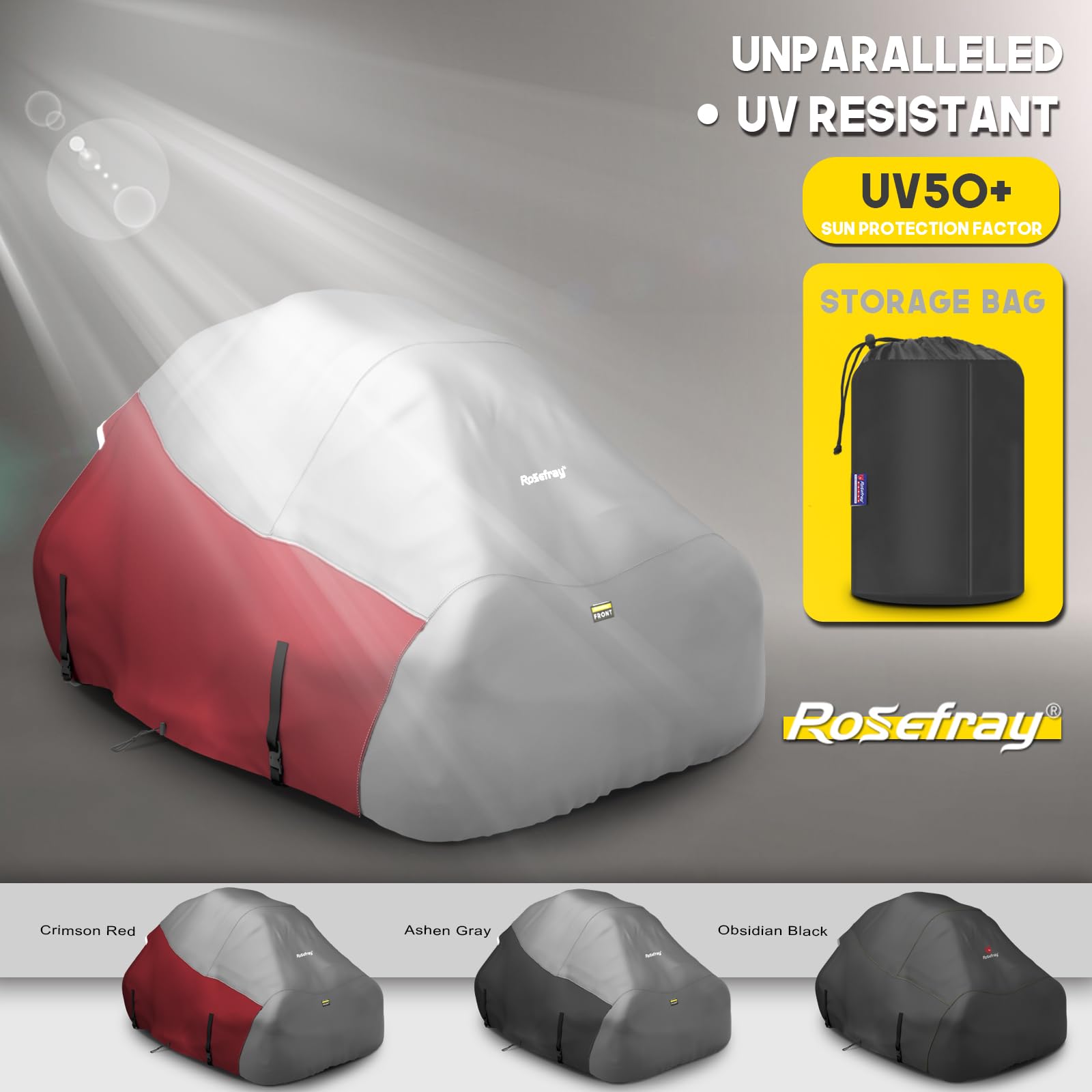 Rosefray cover features elastic hem and buckles to prevent wind displacement