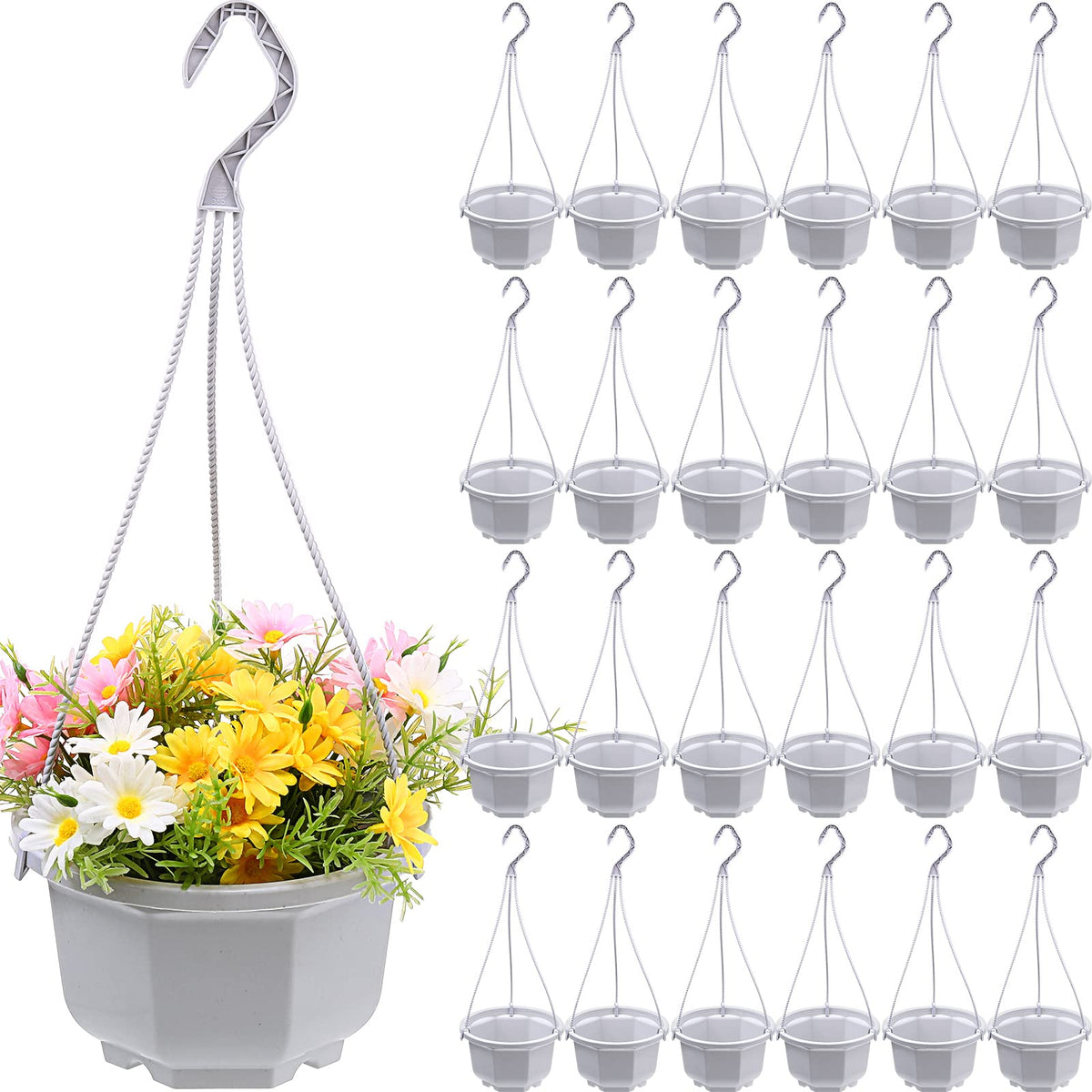 Roshtia 24-pack hanging planter baskets for balcony-ready indoor and outdoor display.