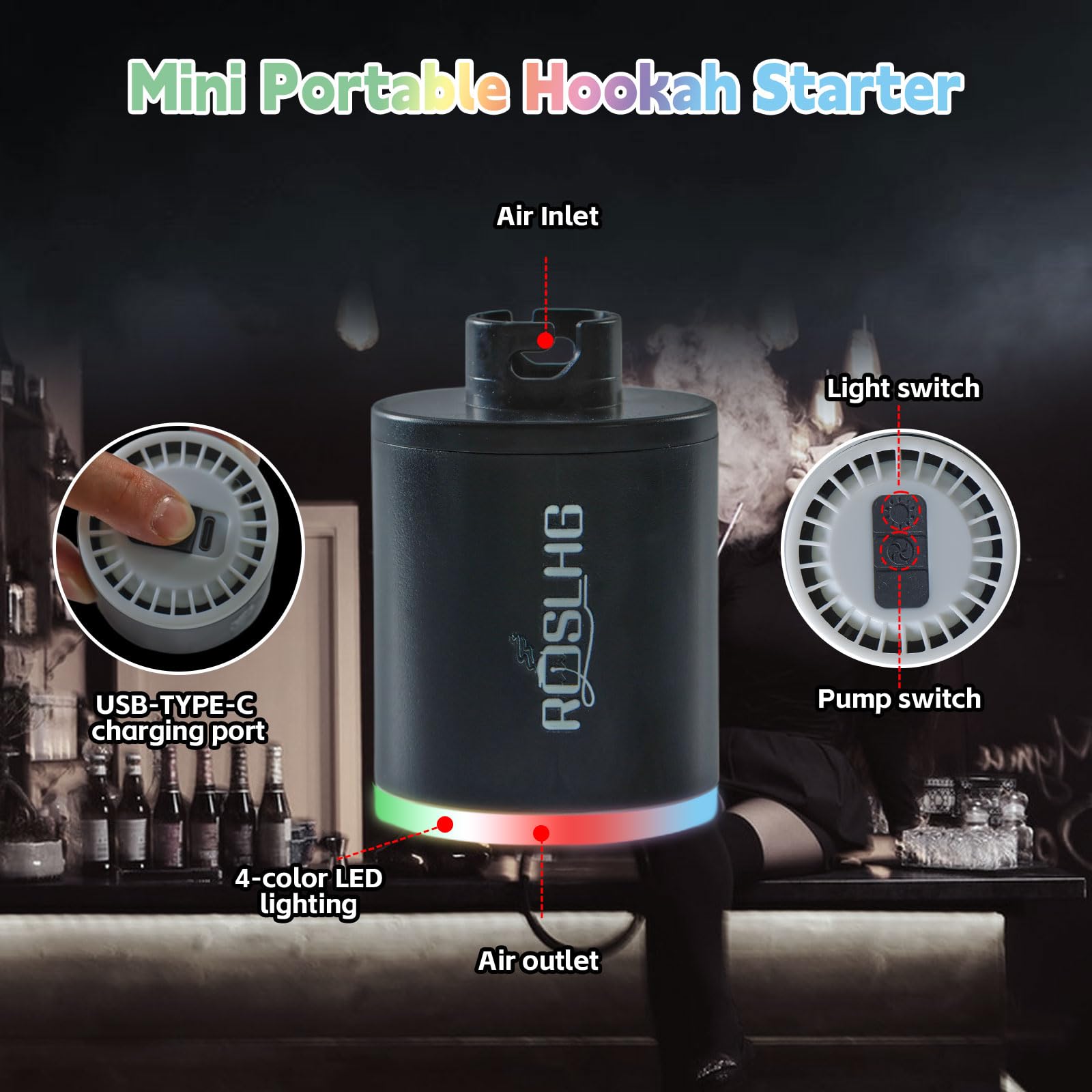 ROSLHG hookah pump battery display shows remaining runtime