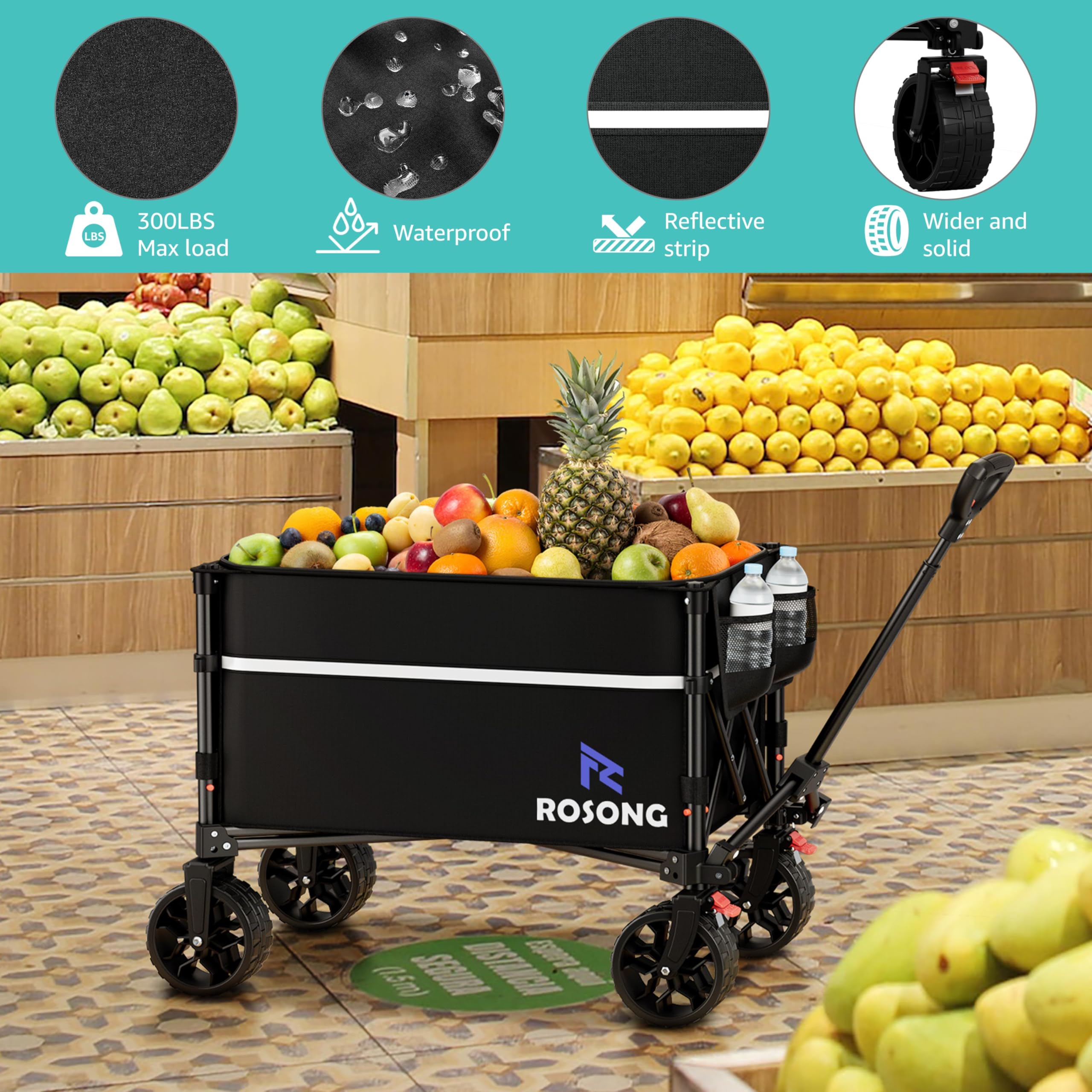 ROSONG Collapsible Wagon with 360° wheels for smooth maneuvering