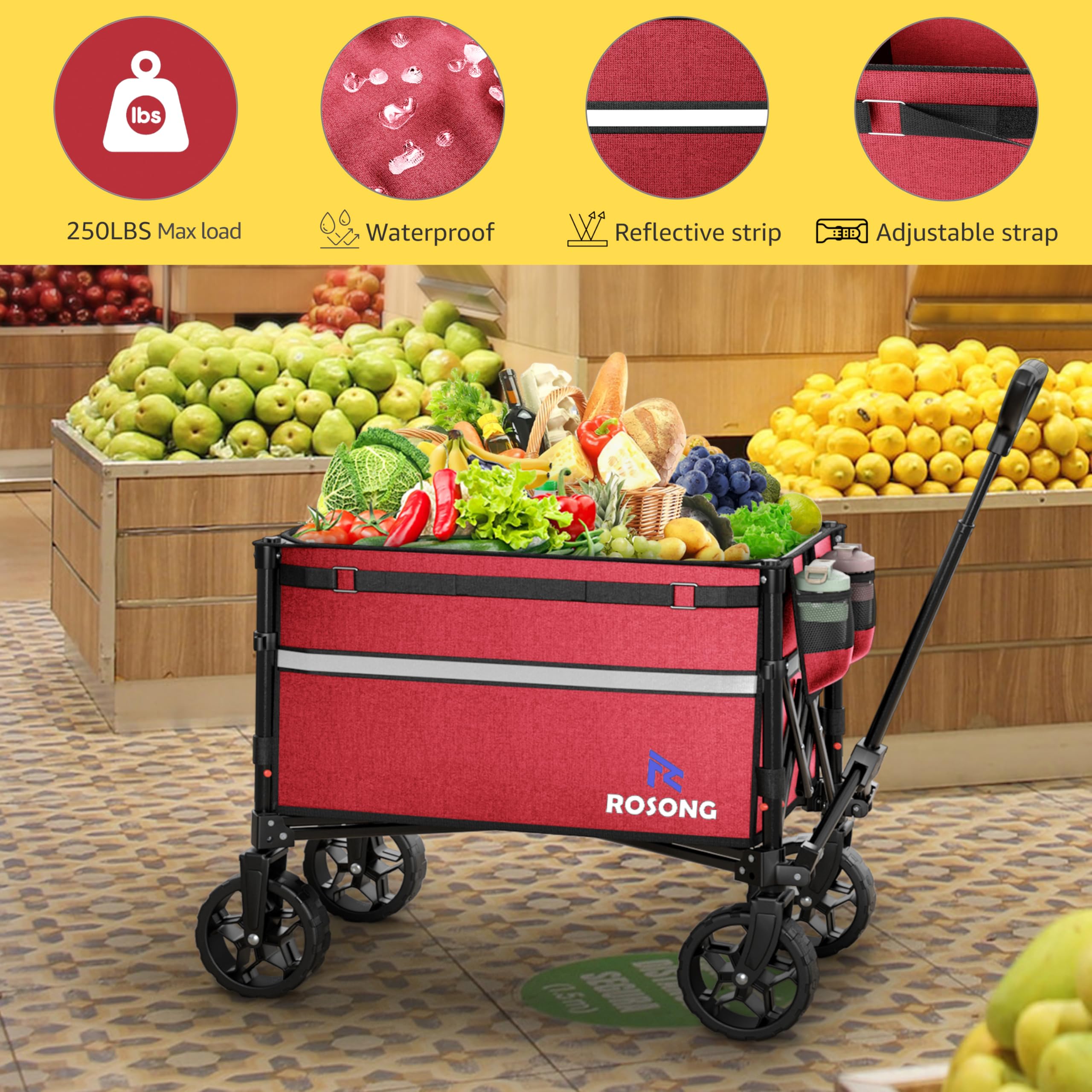 ROSONG collapsible wagon 360° wheels promote smooth maneuvering across surfaces