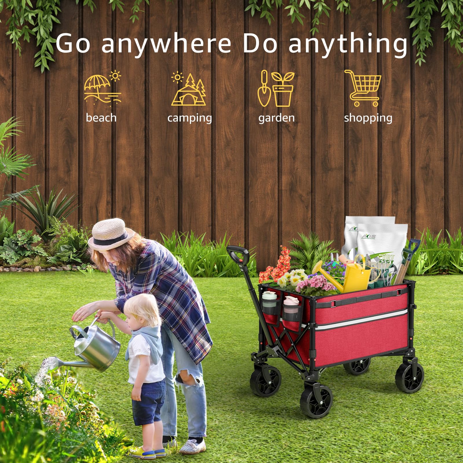 ROSONG collapsible wagon extended handle enables effortless pulling on errands
