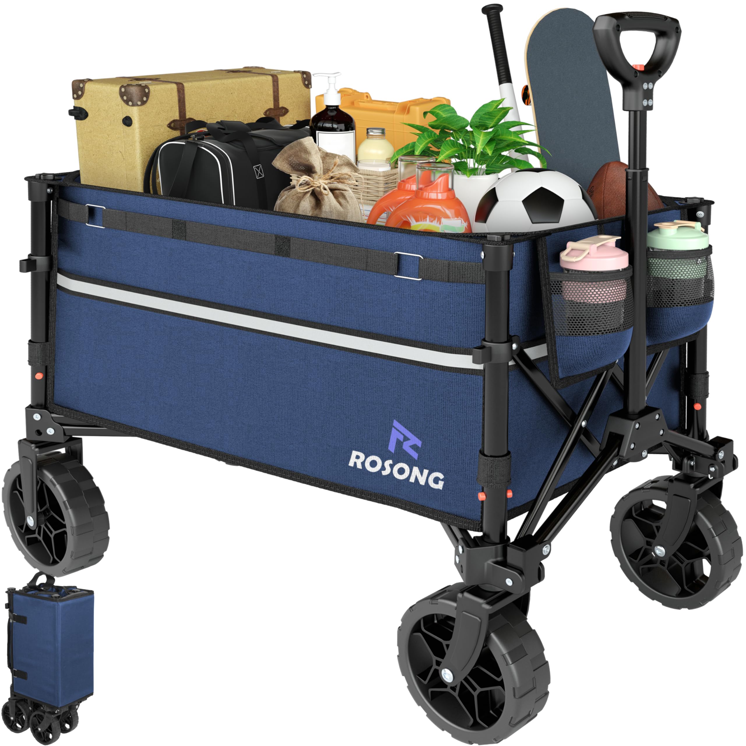 ROSONG collapsible wagon folded compactly in navy blue for easy storage and transport.
