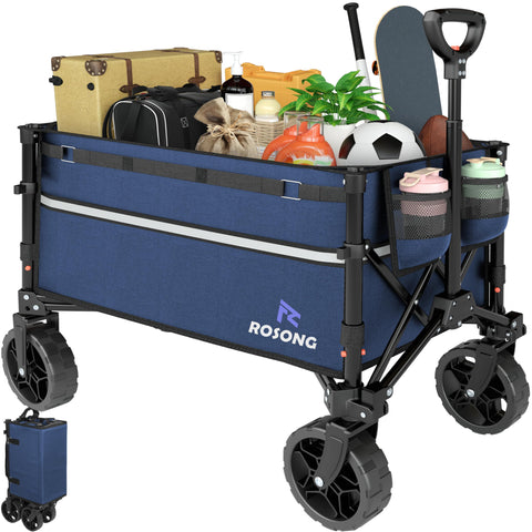 ROSONG collapsible wagon folded compactly in navy blue for easy storage and transport.