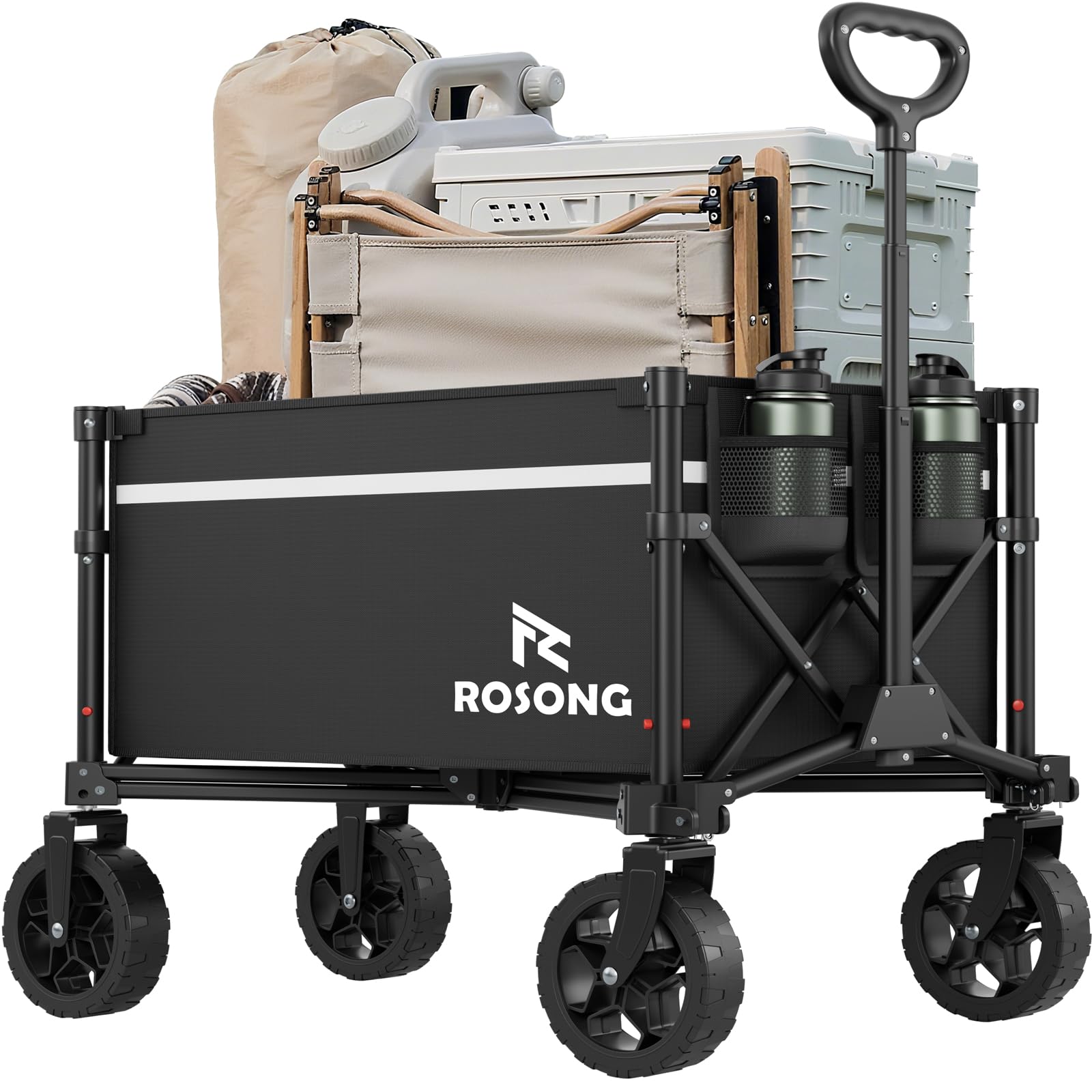 ROSONG collapsible wagon folded profile showing compact storage in a car trunk