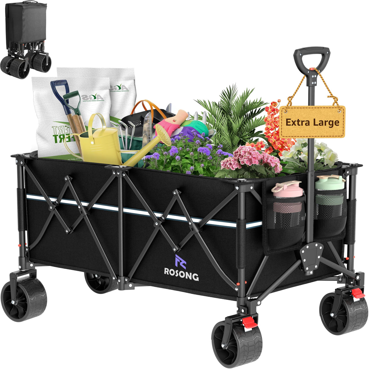 ROSONG collapsible wagon folded profile shown for compact storage and portability