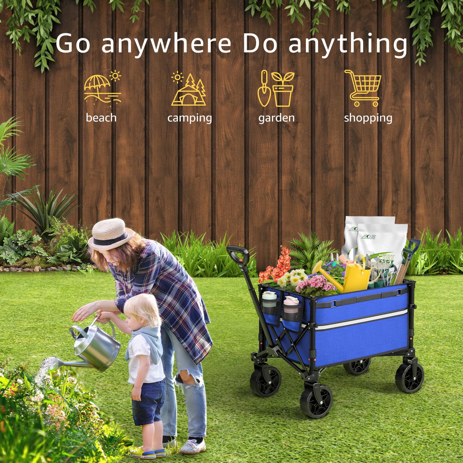 ROSONG wagon shows 360 degree front wheels for smooth maneuvering.
