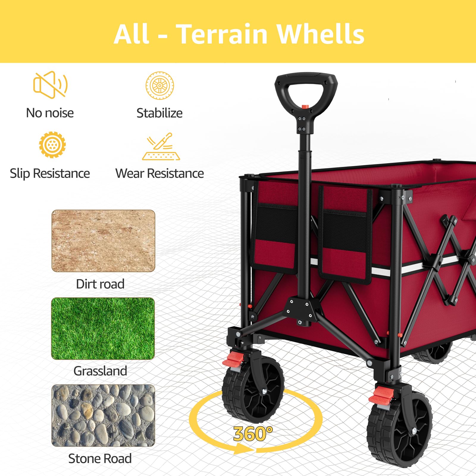 ROSONG collapsible wagon in garden hauling tools and soil.