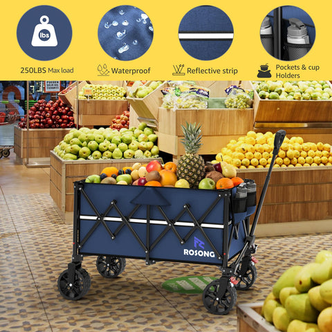 ROSONG collapsible wagon navy blue extended handle enables easy loading and unloading.