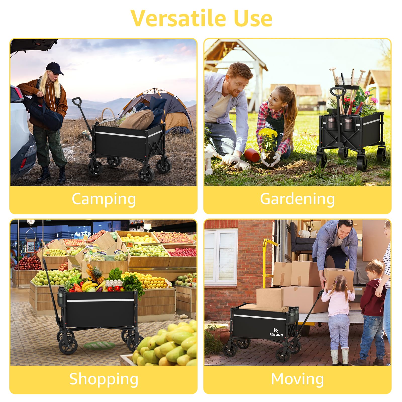 ROSONG collapsible wagon heavy-duty steel frame supports heavy loads outdoors