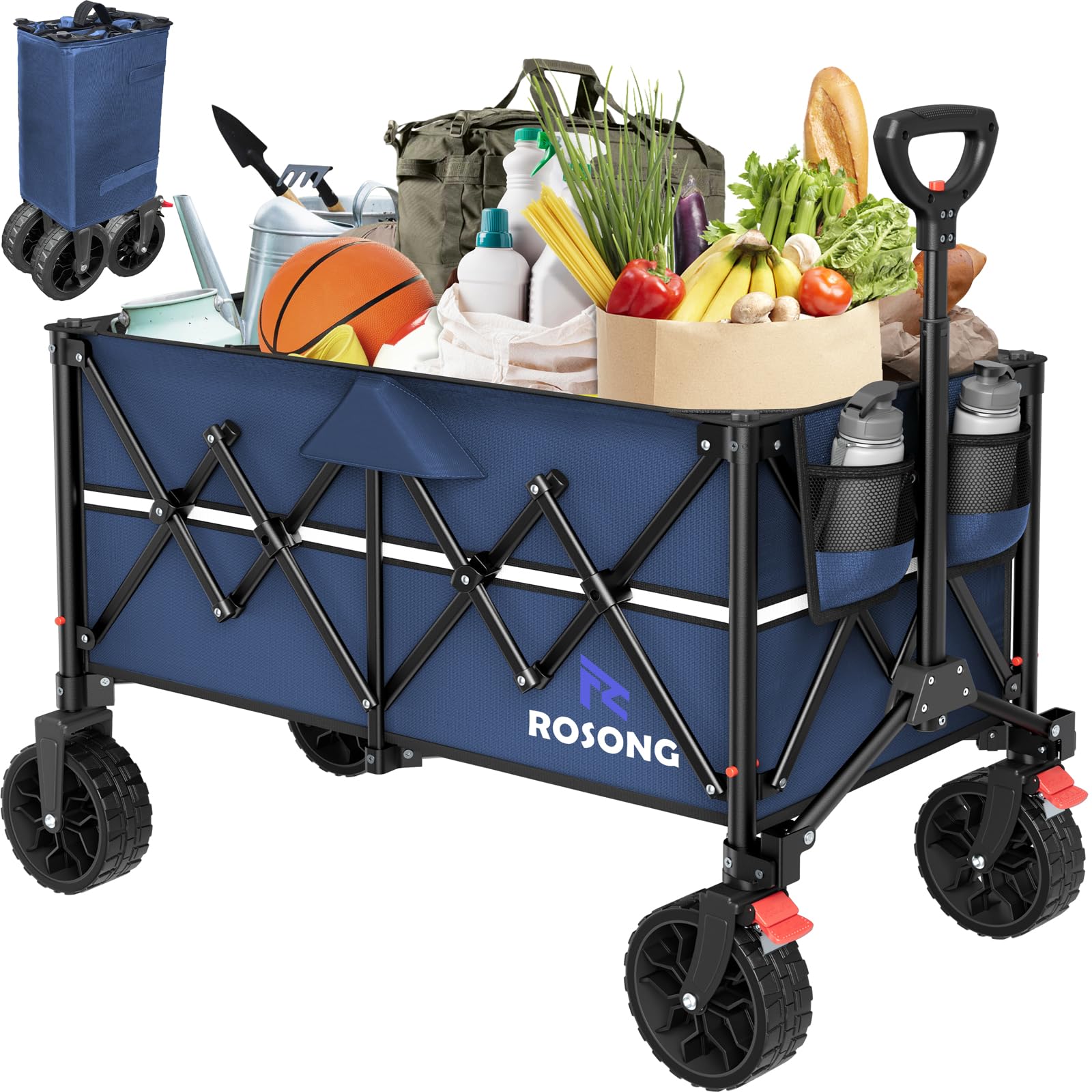 ROSONG collapsible wagon navy blue folded for compact storage after shopping.