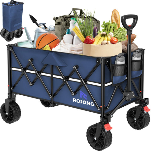 ROSONG collapsible wagon navy blue folded for compact storage after shopping.