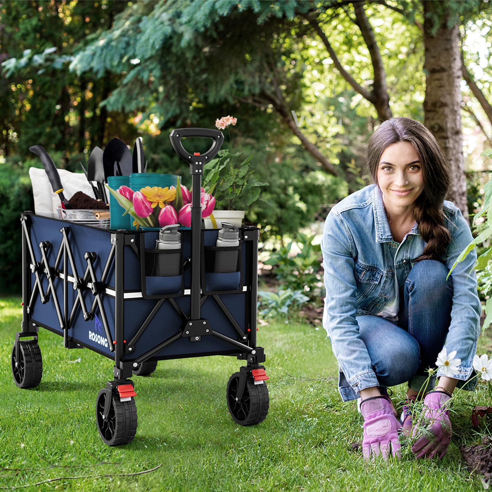 ROSONG collapsible wagon navy blue full-load ready for groceries and gear.
